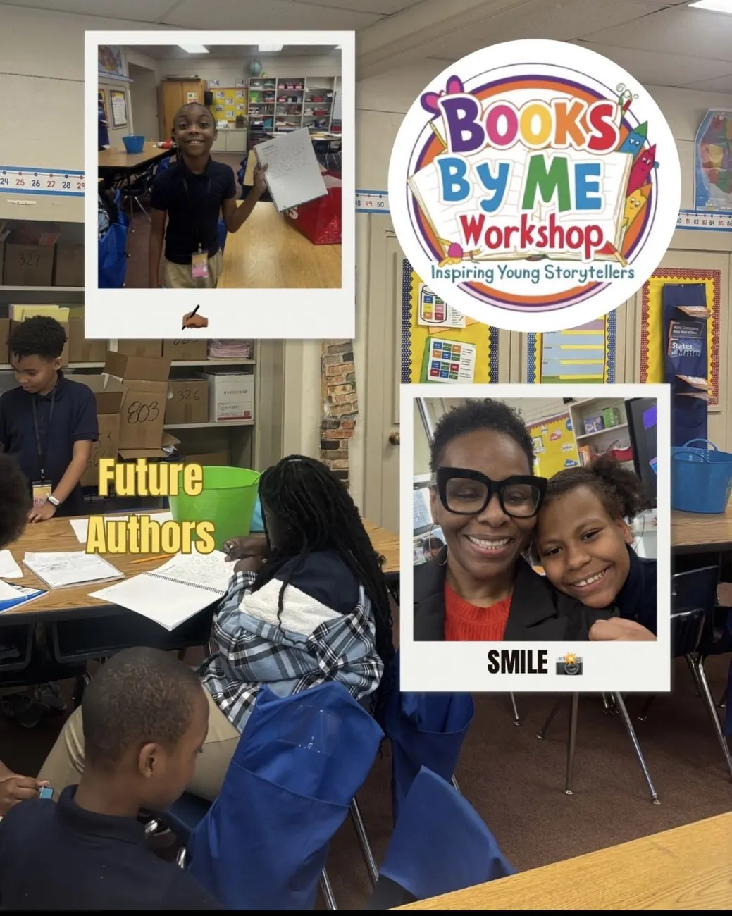 Paula Banks and a young author celebrating at a Books By Me Workshop, part of the LitKids Create student publishing experience