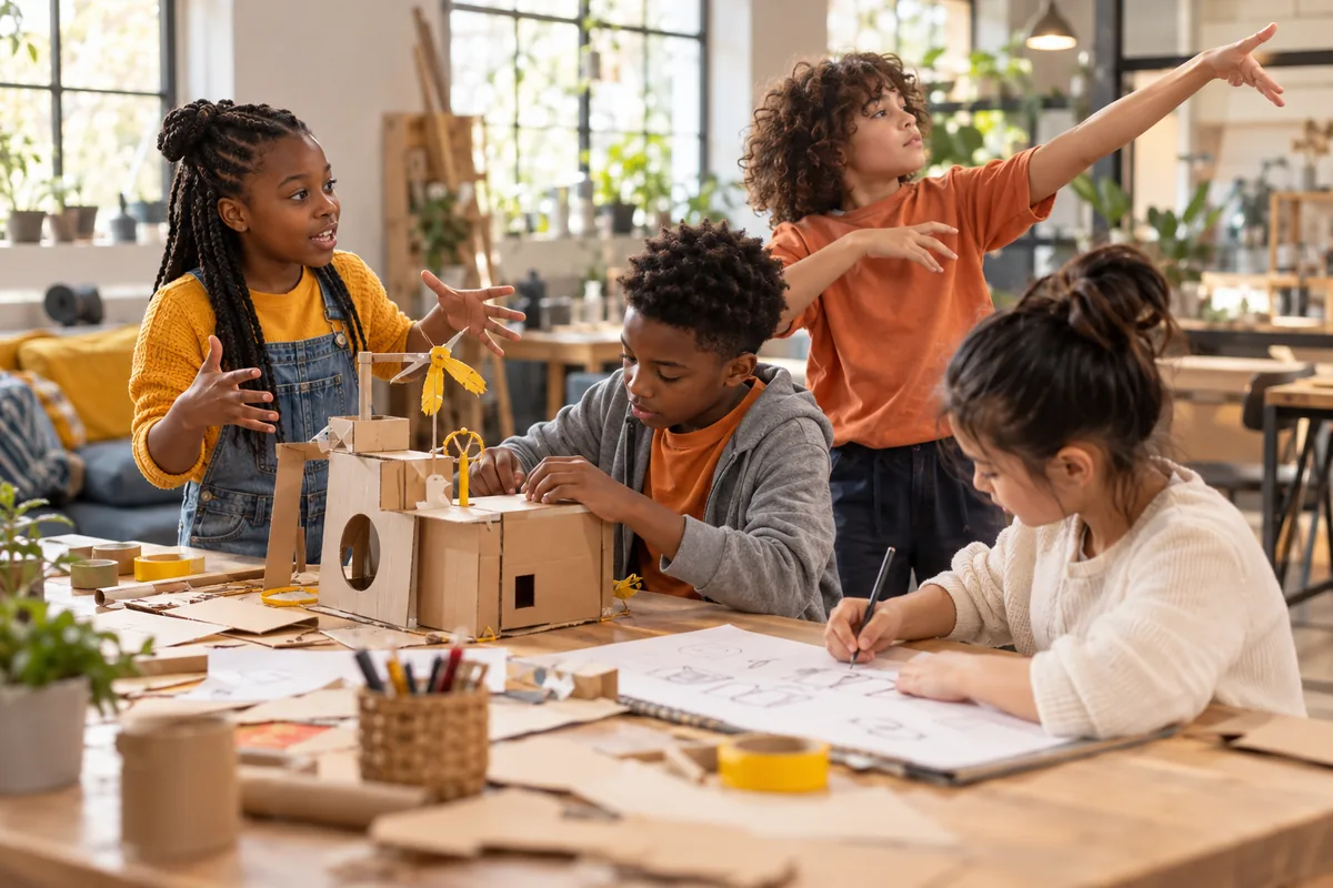 Four children working in a bright creative studio: one explaining an idea beside a cardboard model with a pinwheel, one building the model, one gesturing with outstretched arms, and one sketching designs on a large sheet of paper