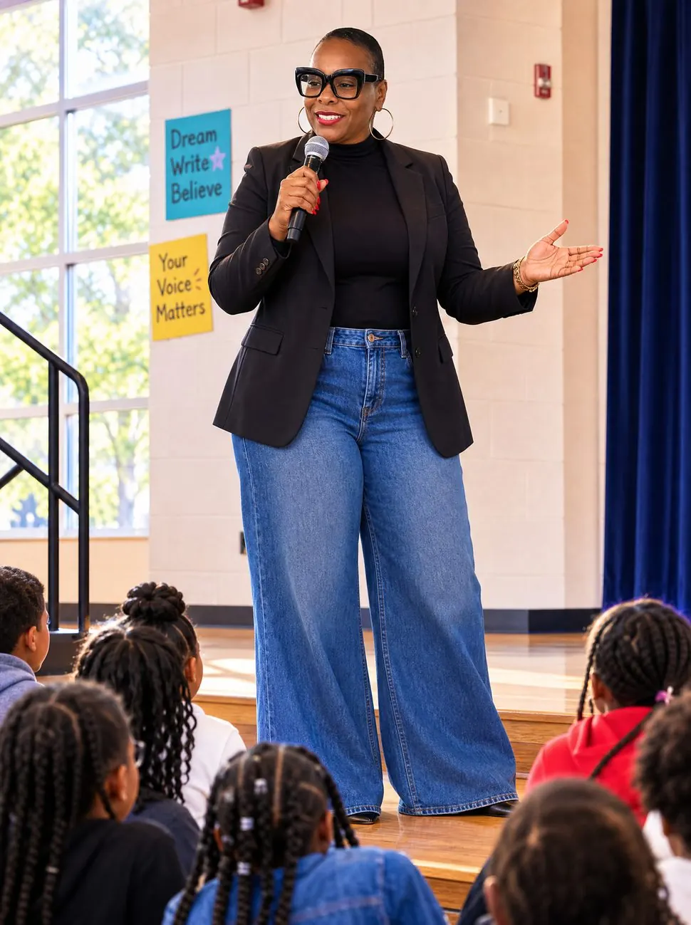 Paula Banks speaking to students at a school assembly, with a "Your Voice Matters" poster visible behind her