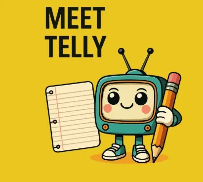 Telly, the LitKids Create storytelling sidekick, a friendly cartoon television character holding a pencil and notebook paper